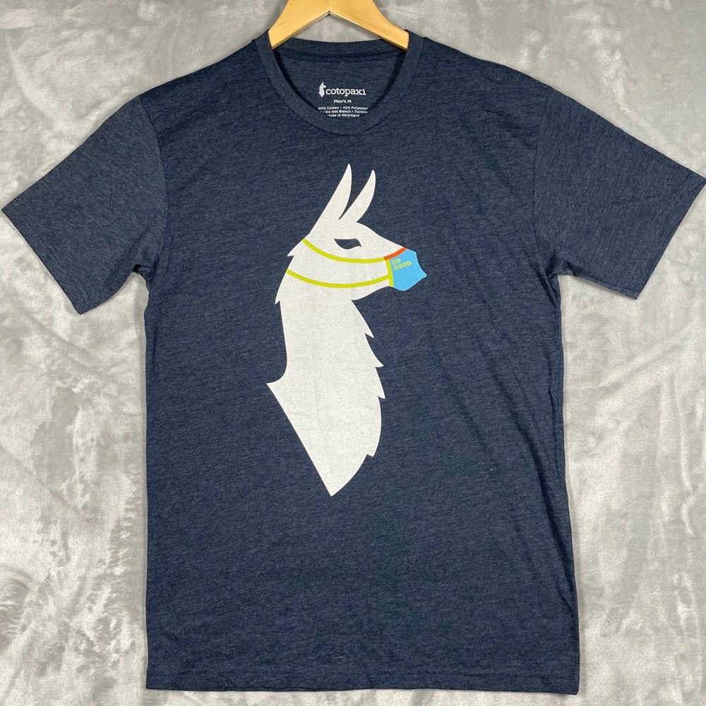 Cotopaxi Mens M Llama Do Good Mask Graphic T-Shirt Heather Blue Short Sleeve